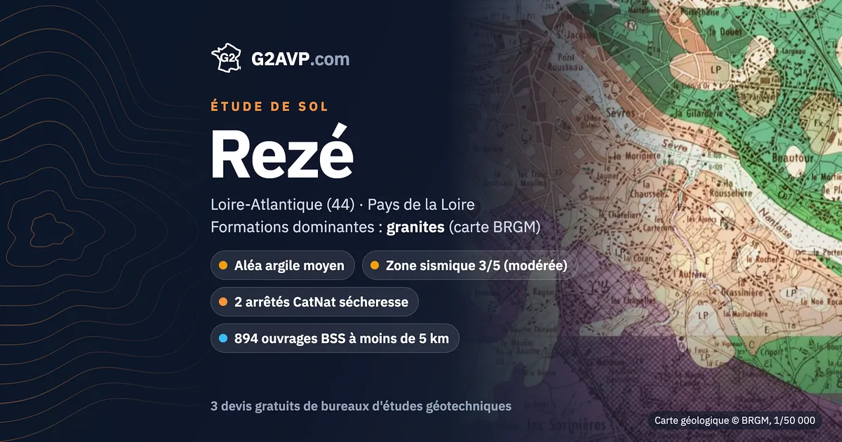 Étude de sol à Rezé : carte géologique BRGM du secteur, formations dominantes granites, aléa retrait-gonflement moyen, 2 arrêtés CatNat sécheresse