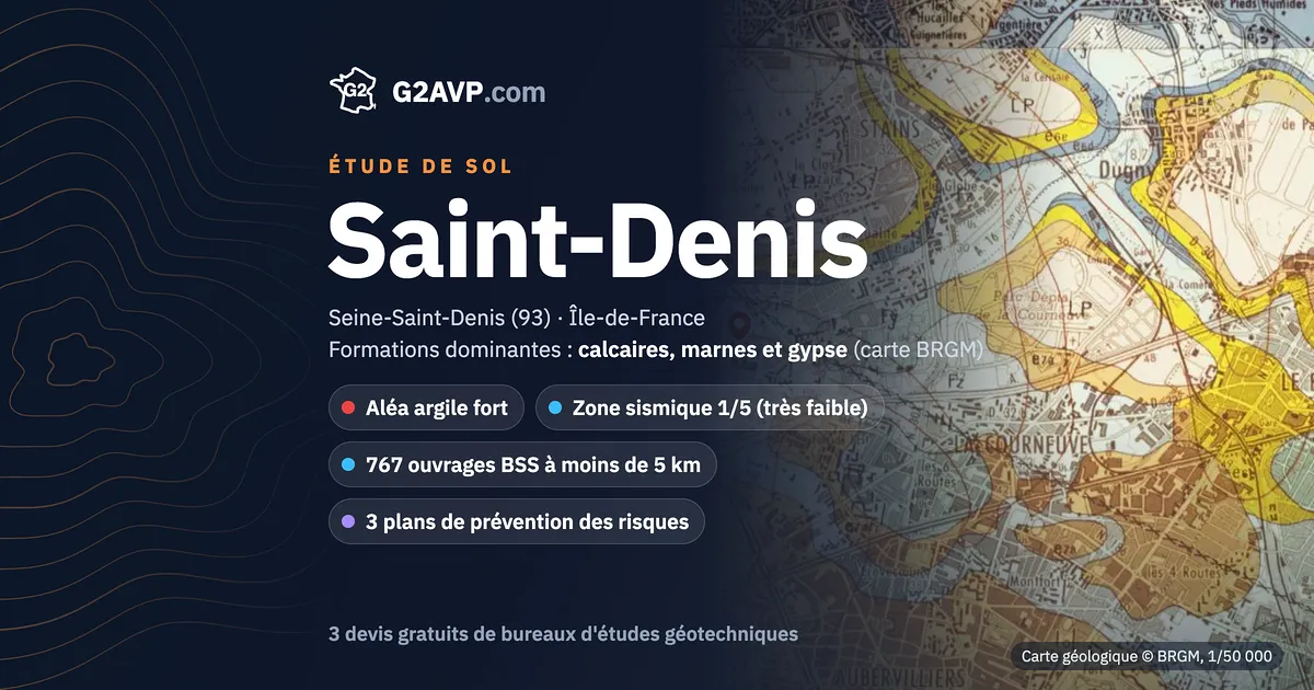 Étude de sol à Saint-Denis : carte géologique BRGM du secteur, formations dominantes calcaires, marnes et gypse, aléa retrait-gonflement fort, 0 arrêté CatNat sécheresse
