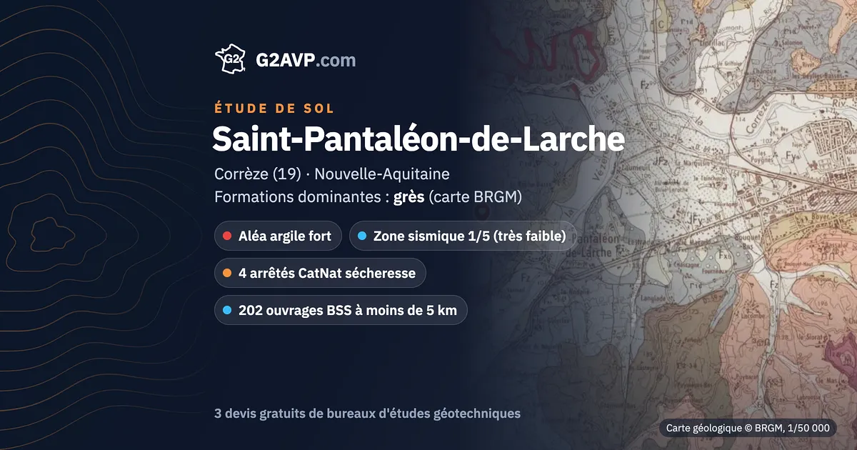 Étude de sol à Saint-Pantaléon-de-Larche : carte géologique BRGM du secteur, formations dominantes grès, aléa retrait-gonflement fort, 4 arrêtés CatNat sécheresse