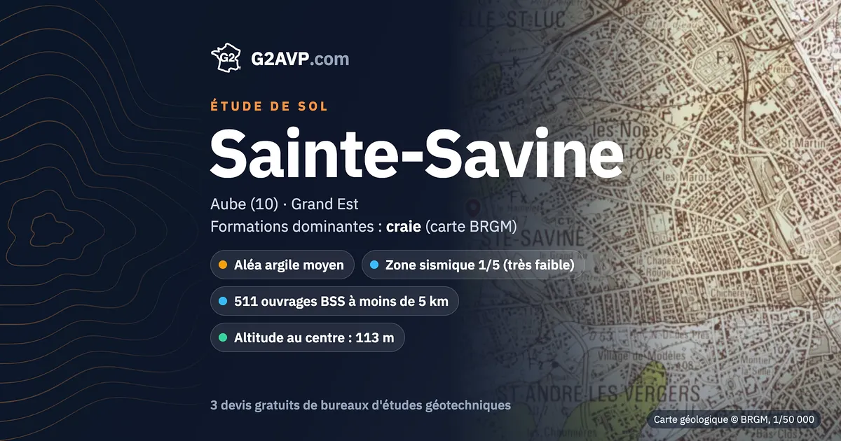 Étude de sol à Sainte-Savine : carte géologique BRGM du secteur, formations dominantes craie, aléa retrait-gonflement moyen, 0 arrêté CatNat sécheresse