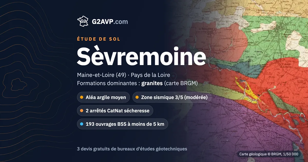 Étude de sol à Sèvremoine : carte géologique BRGM du secteur, formations dominantes granites, aléa retrait-gonflement moyen, 2 arrêtés CatNat sécheresse