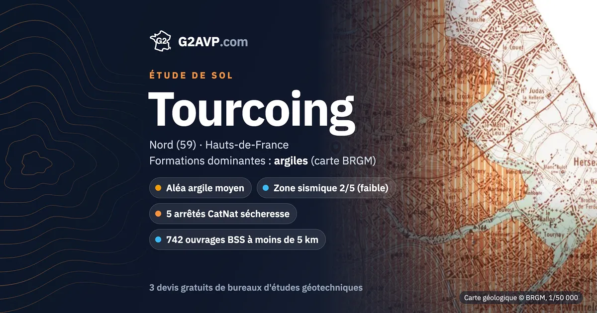 Étude de sol à Tourcoing : carte géologique BRGM du secteur, formations dominantes argiles, aléa retrait-gonflement moyen, 5 arrêtés CatNat sécheresse