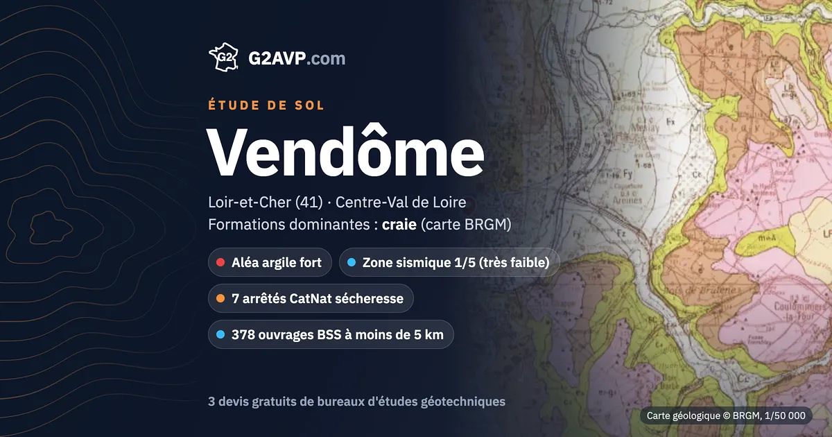 Étude de sol à Vendôme : carte géologique BRGM du secteur, formations dominantes craie, aléa retrait-gonflement fort, 7 arrêtés CatNat sécheresse