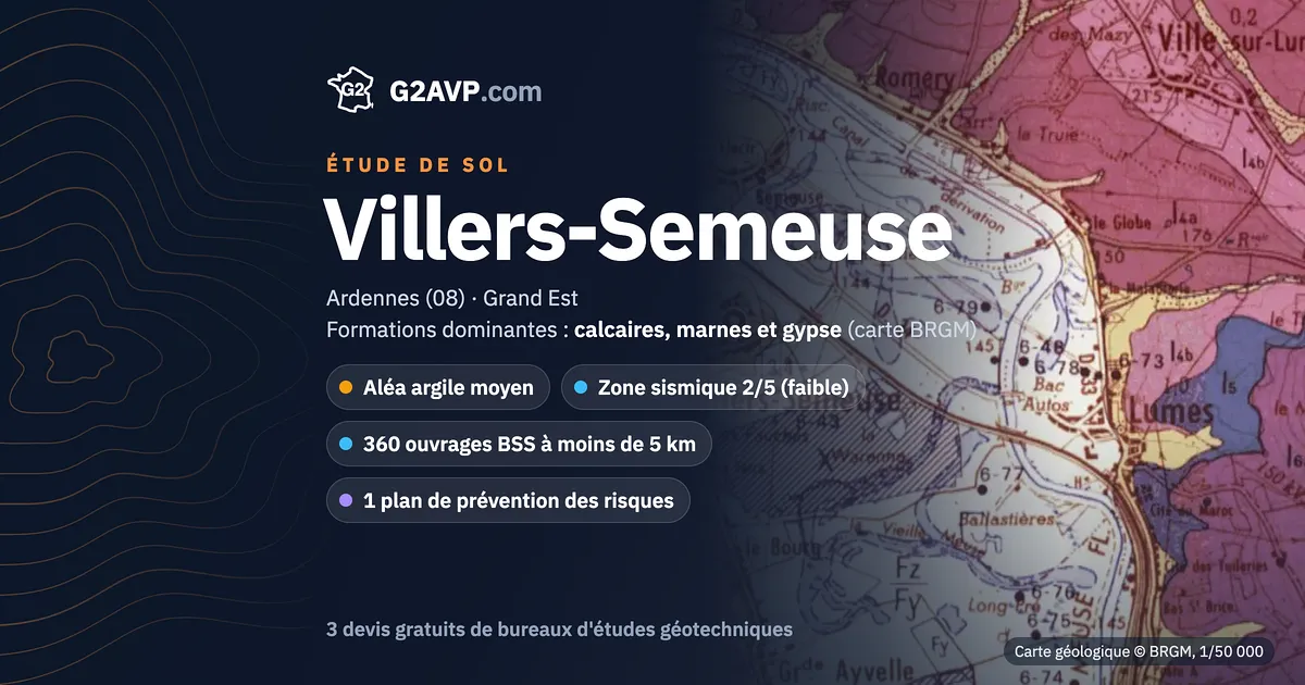 Étude de sol à Villers-Semeuse : carte géologique BRGM du secteur, formations dominantes calcaires, marnes et gypse, aléa retrait-gonflement moyen, 0 arrêté CatNat sécheresse