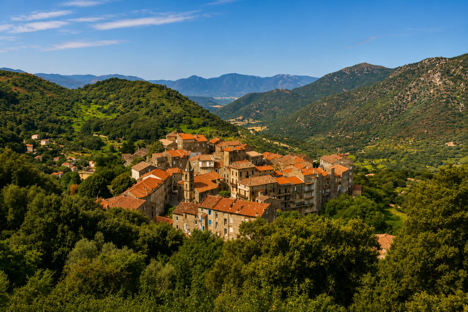 Le village perché de Grosseto-Prugna — bâti de pierre serré sur son versant, dominant une vallée du Sud corse