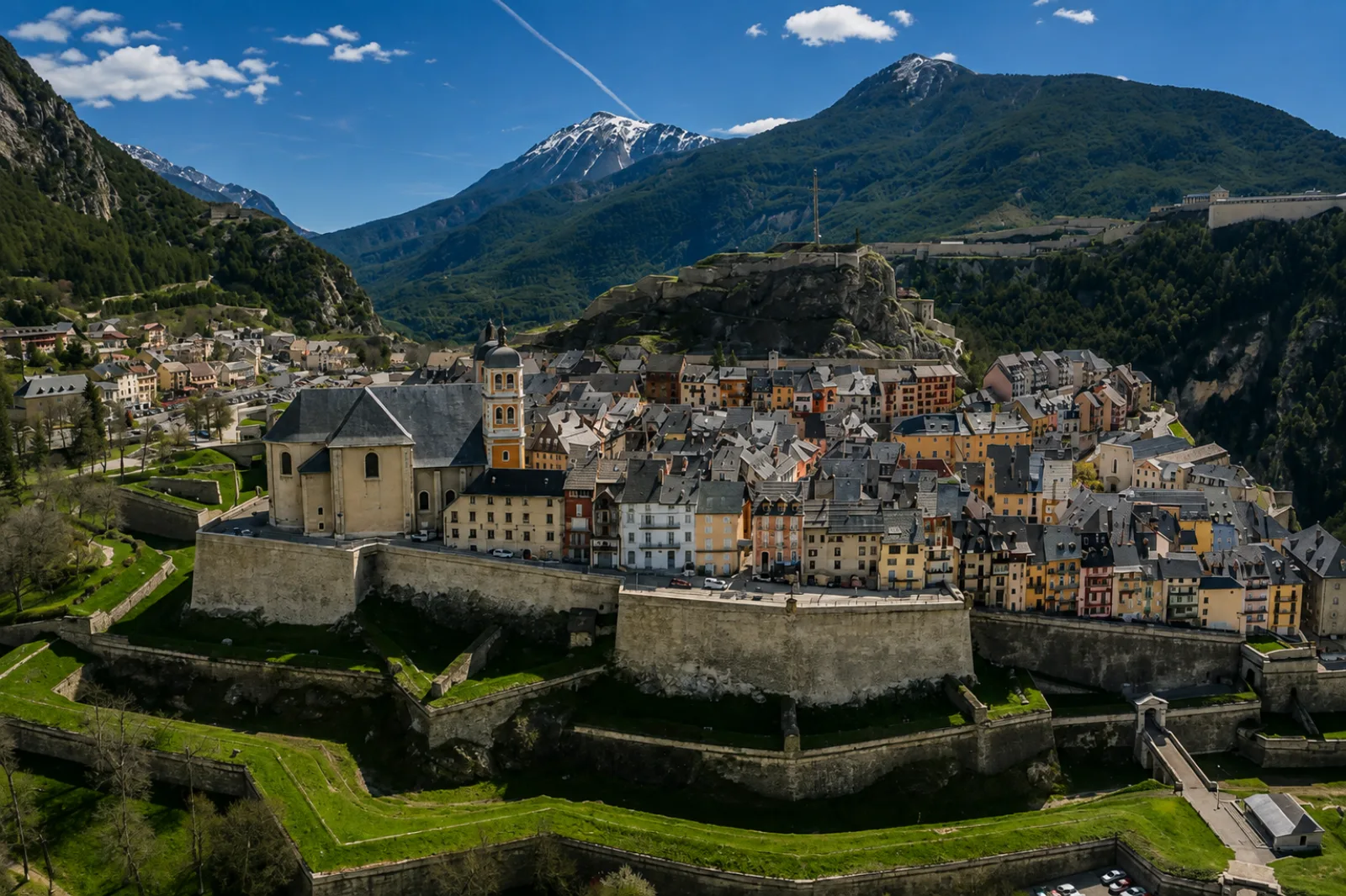 Cité fortifiée d'altitude aux remparts à la Vauban, sommets enneigés en toile de fond — dans les Hautes-Alpes, la construction épouse pentes et rochers