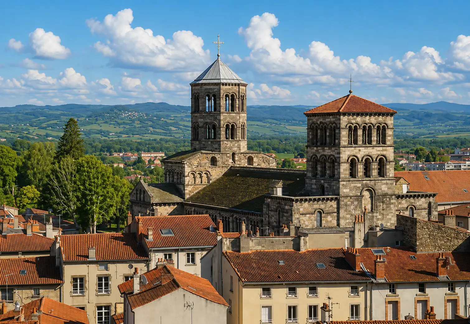 L'abbatiale Saint-Austremoine d'Issoire — clocher et tour-lanterne romans au-dessus des toits de tuiles, la Limagne et les collines d'Auvergne à l'horizon