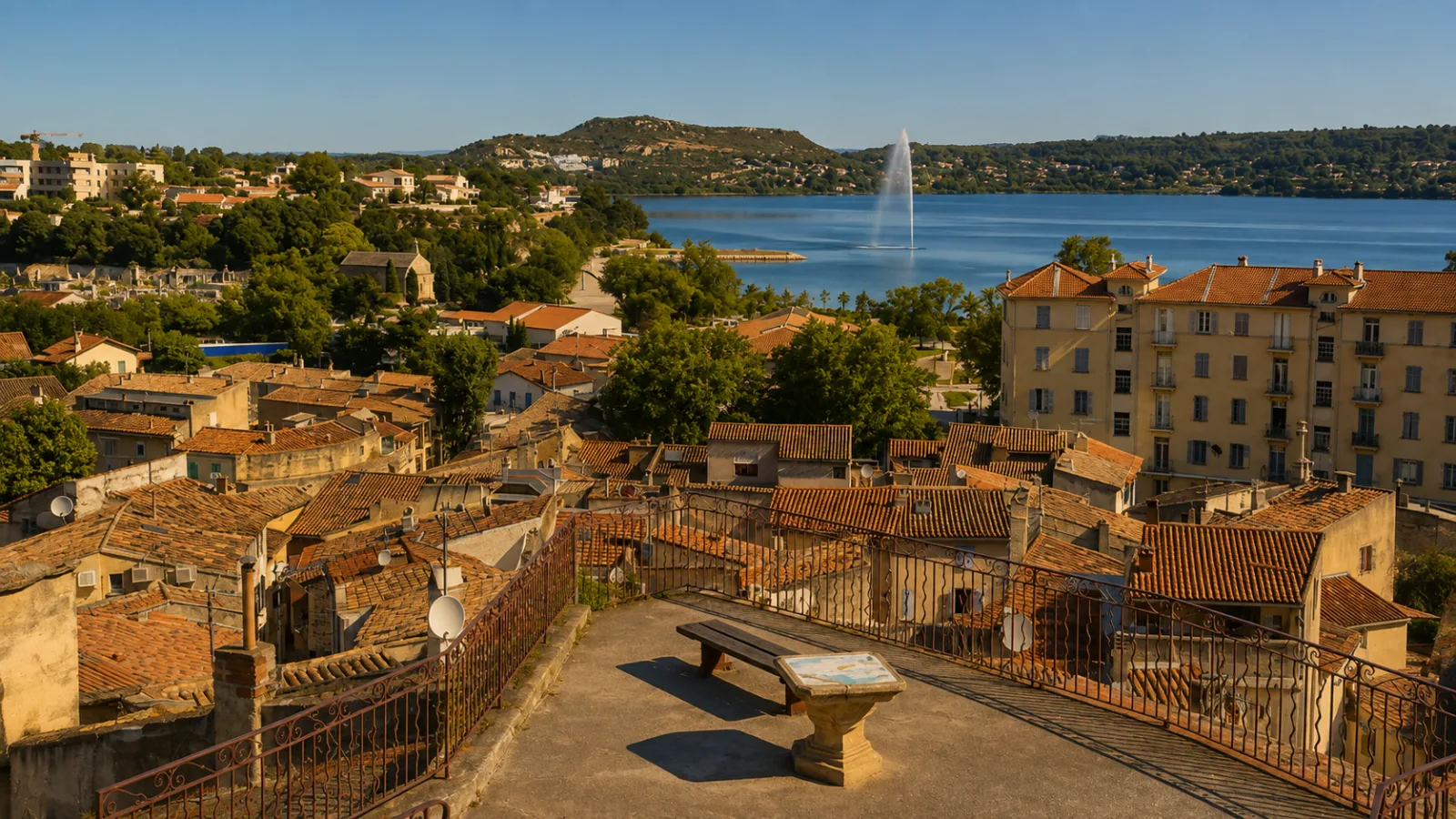 Istres au-dessus de l'étang de l'Olivier — les toits de la vieille ville et le jet d'eau, autour d'un plan d'eau enclos dans les collines