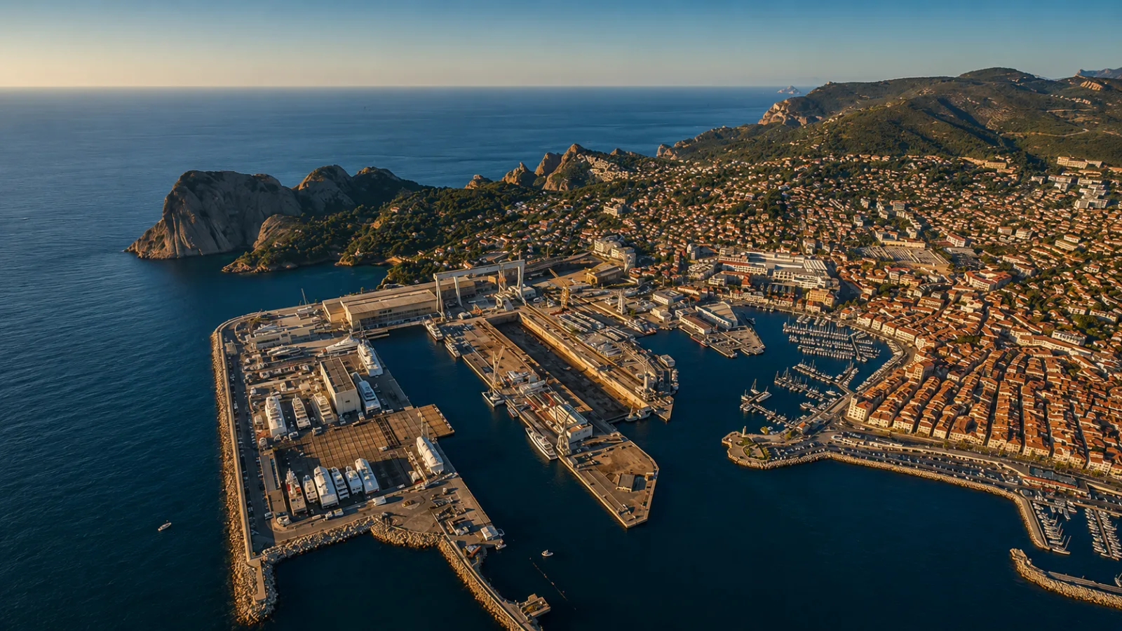Les chantiers navals de La Ciotat vus du ciel — grue-portique et formes de radoub sur des terre-pleins gagnés sur la mer, face au Bec de l'Aigle
