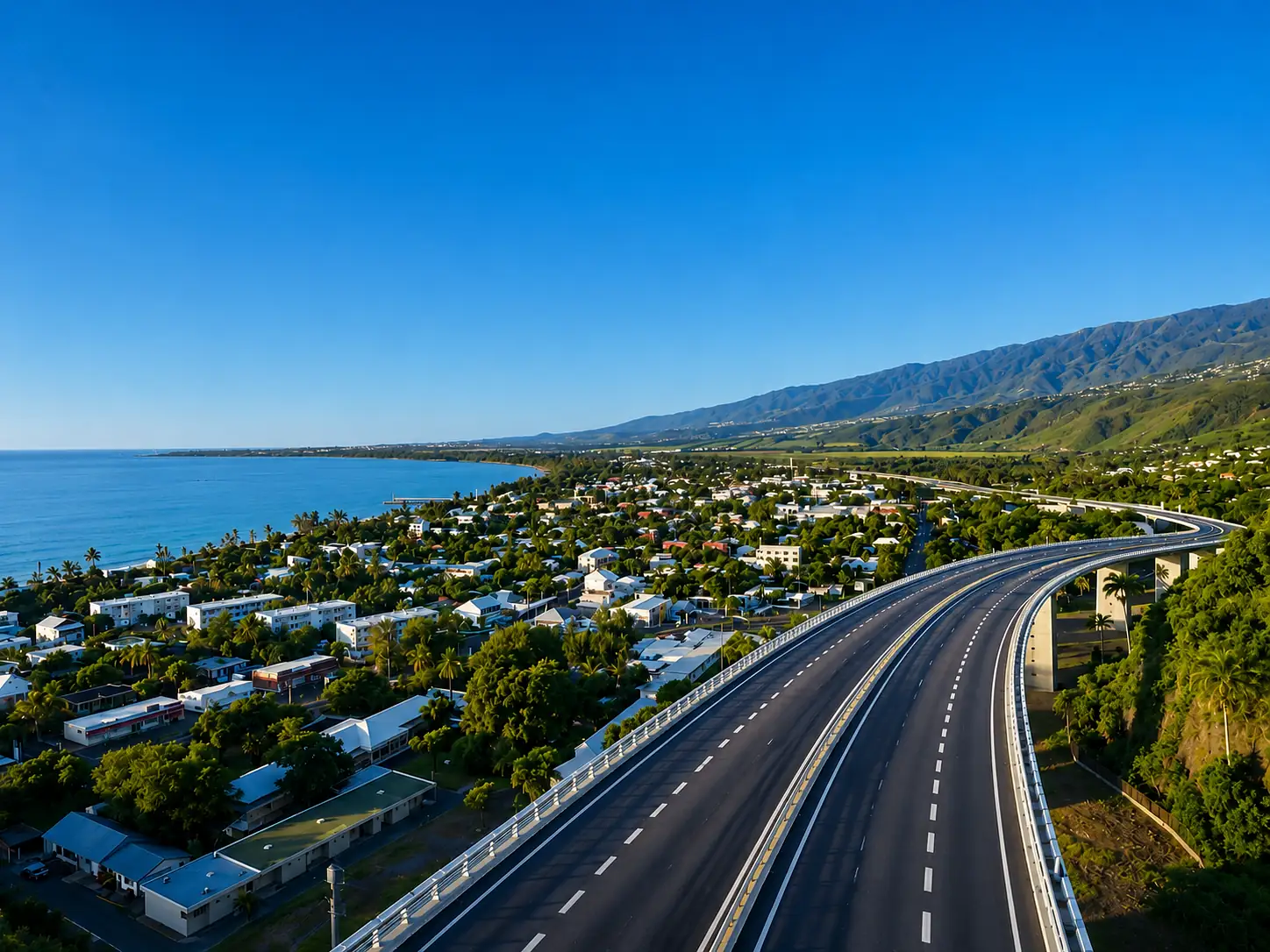 Viaduc routier sur piles le long du littoral réunionnais — ouvrage fondé sur des pentes volcaniques, ville et reliefs en arrière-plan