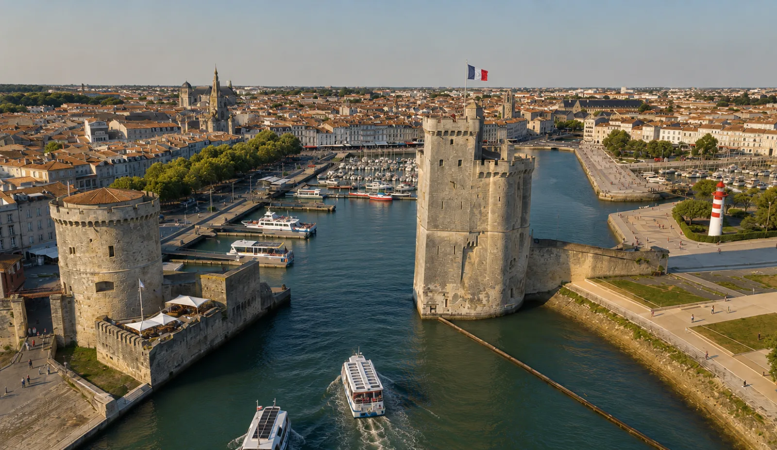 Les tours de la Chaîne et Saint-Nicolas gardant l'entrée du Vieux-Port de La Rochelle — sept siècles de fondations massives en bord de mer, entre calcaire et marais littoraux