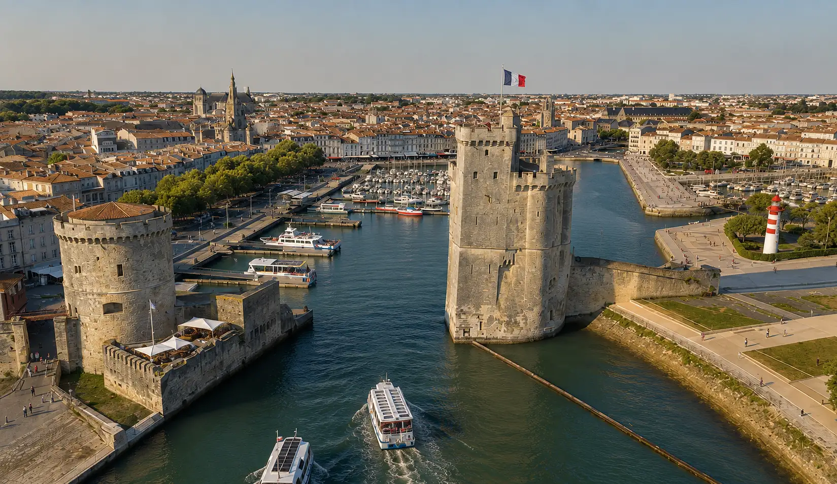 Les tours de la Chaîne et Saint-Nicolas gardant l'entrée du Vieux-Port de La Rochelle — sept siècles de fondations massives en bord de mer, entre calcaire et marais littoraux