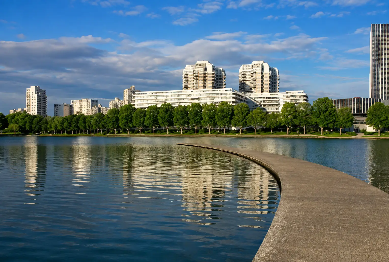 La jetée du lac de Créteil et les immeubles de la rive — un plan d'eau né de l'extraction du gypse et des graviers, dans la boucle de la Marne