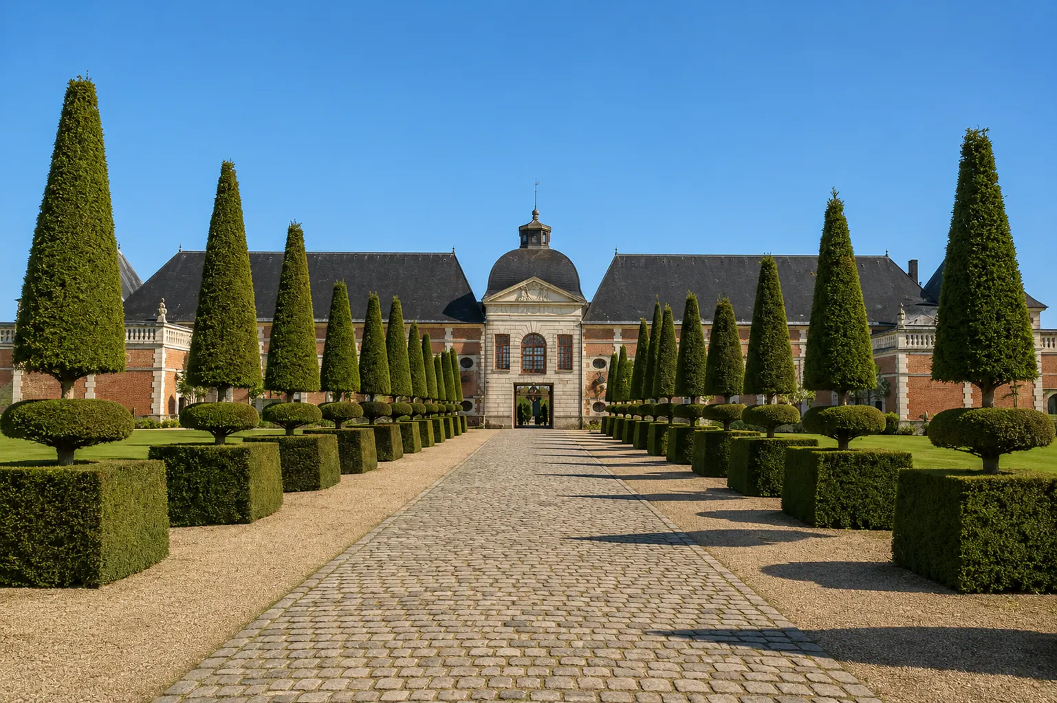 Le château du Champ de Bataille, aux portes du Neubourg — façades de brique et pierre du XVIIe, ifs taillés et allée pavée de la plaine de l'Eure
