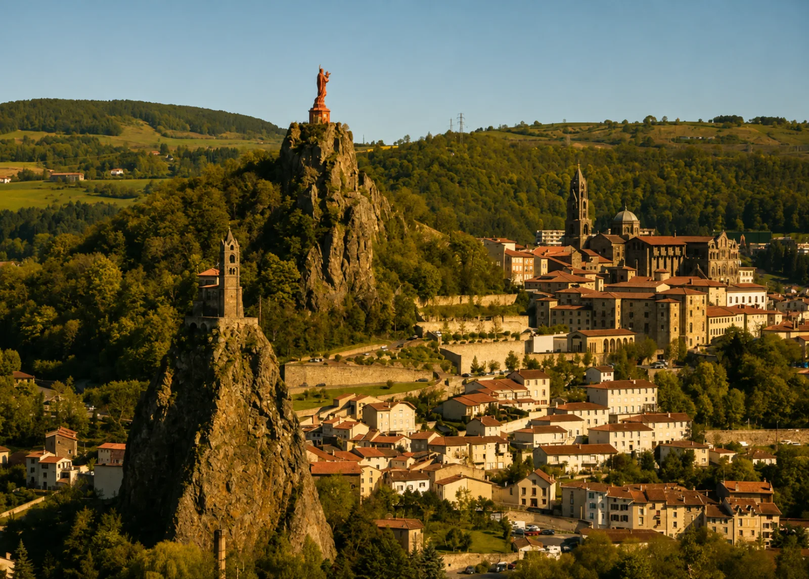Le Puy-en-Velay et ses pitons volcaniques — Saint-Michel d'Aiguilhe sur son neck de basalte, Notre-Dame de France sur le rocher Corneille : ici, on bâtit sur le volcanisme du Velay