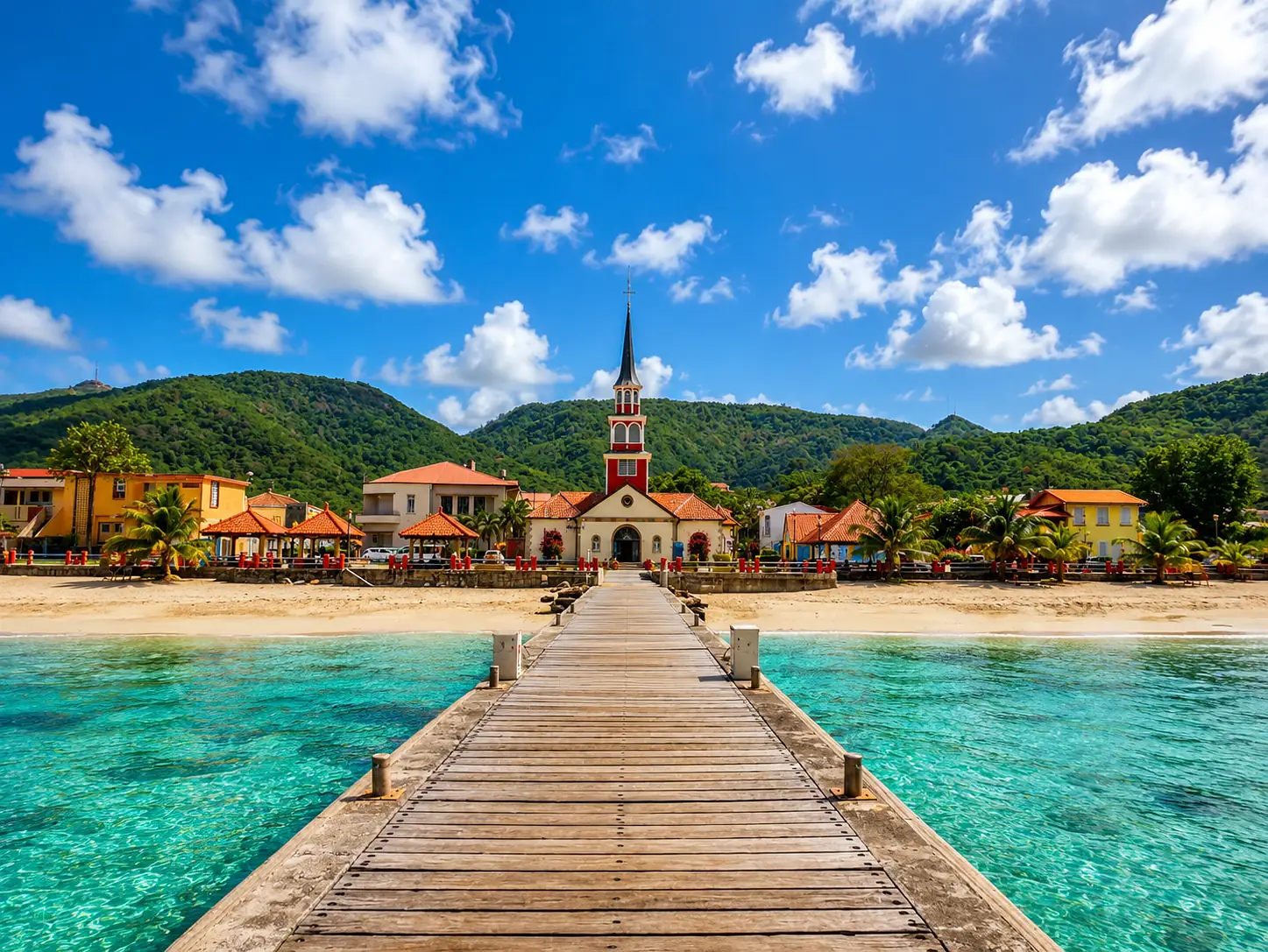 Le ponton sur pieux et l'église des Anses-d'Arlet en Martinique — bâti fondé sur le sable littoral, mornes volcaniques en arrière-plan