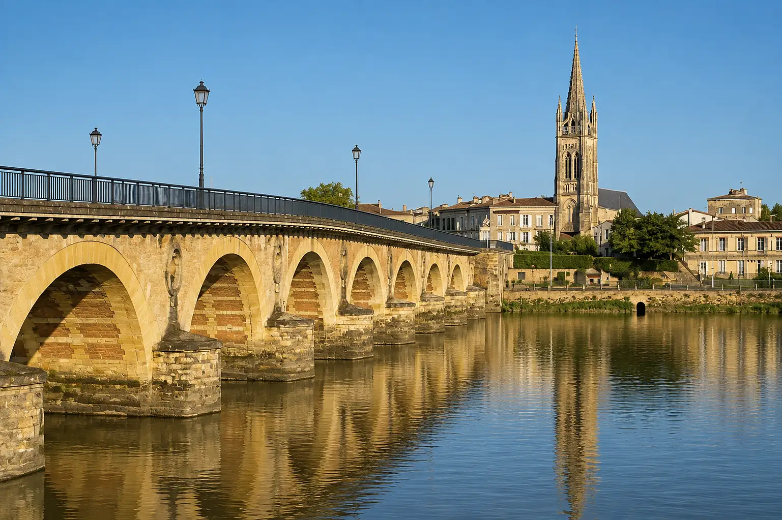 Le pont de pierre de Libourne sur la Dordogne — arches et piles maçonnées en rivière, la flèche de Saint-Jean-Baptiste au-dessus des quais