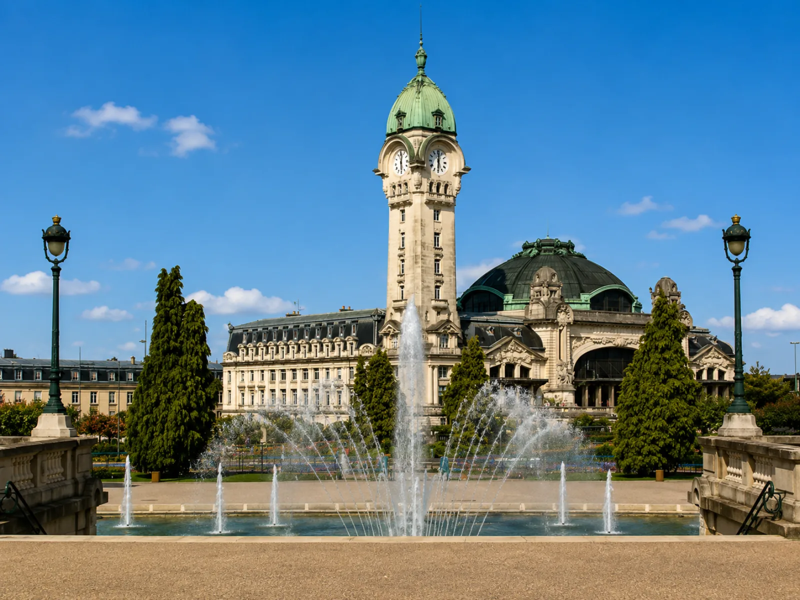 La gare des Bénédictins de Limoges, son campanile et son dôme de cuivre au-dessus des jardins — un édifice bâti par-dessus ses voies en tranchée