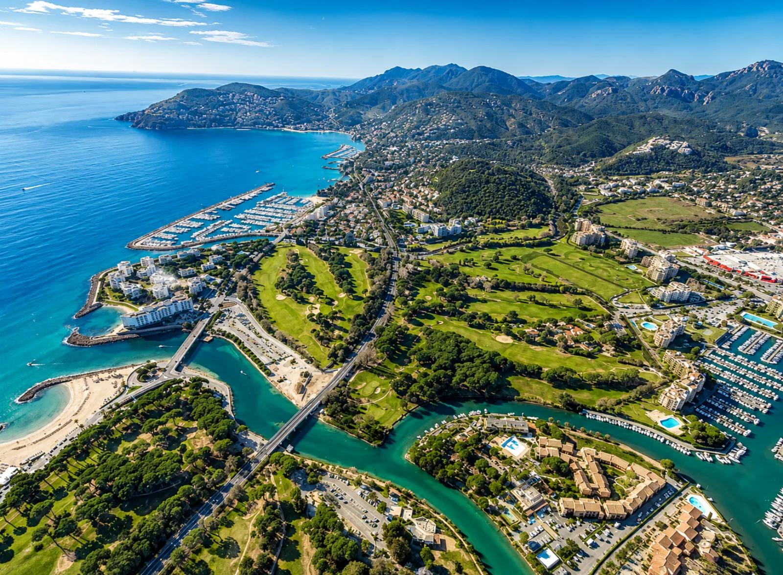 Mandelieu-La Napoule vue du ciel — golfs et marinas sur la plaine alluviale de la Siagne, l'Esterel en toile de fond