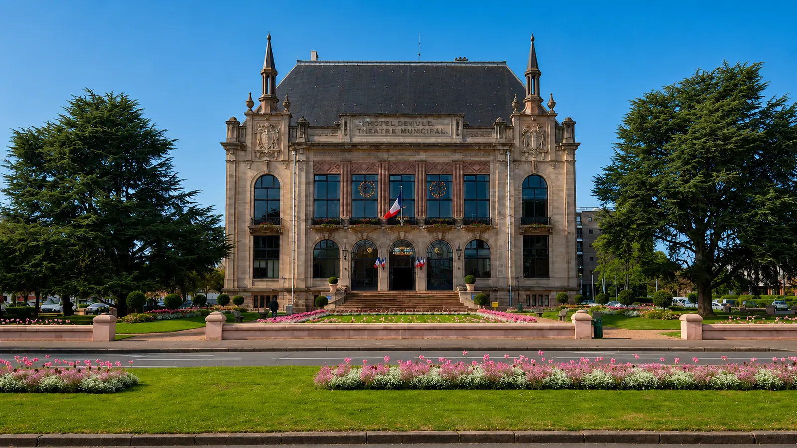 L'hôtel de ville et théâtre municipal de Marcq-en-Barœul — façade de pierre et perron sur jardins, aux portes de Lille dans la plaine flamande
