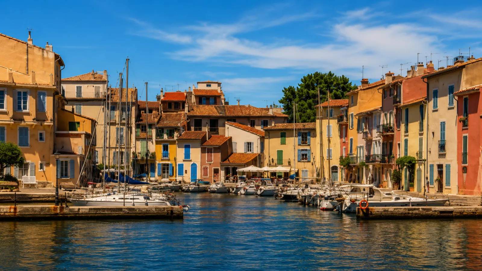 Le miroir aux Oiseaux à Martigues — les façades colorées du quartier de l'île le long du canal, entre étang de Berre et Méditerranée