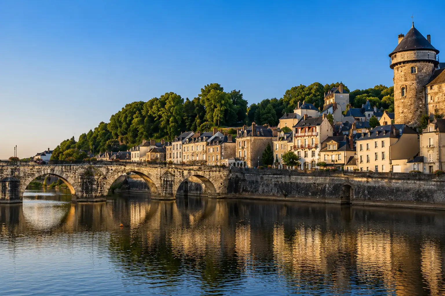 Pont de pierre à arches sur la rivière, tour médiévale et maisons anciennes en surplomb — en Mayenne, on bâtit au bord de l'eau depuis des siècles