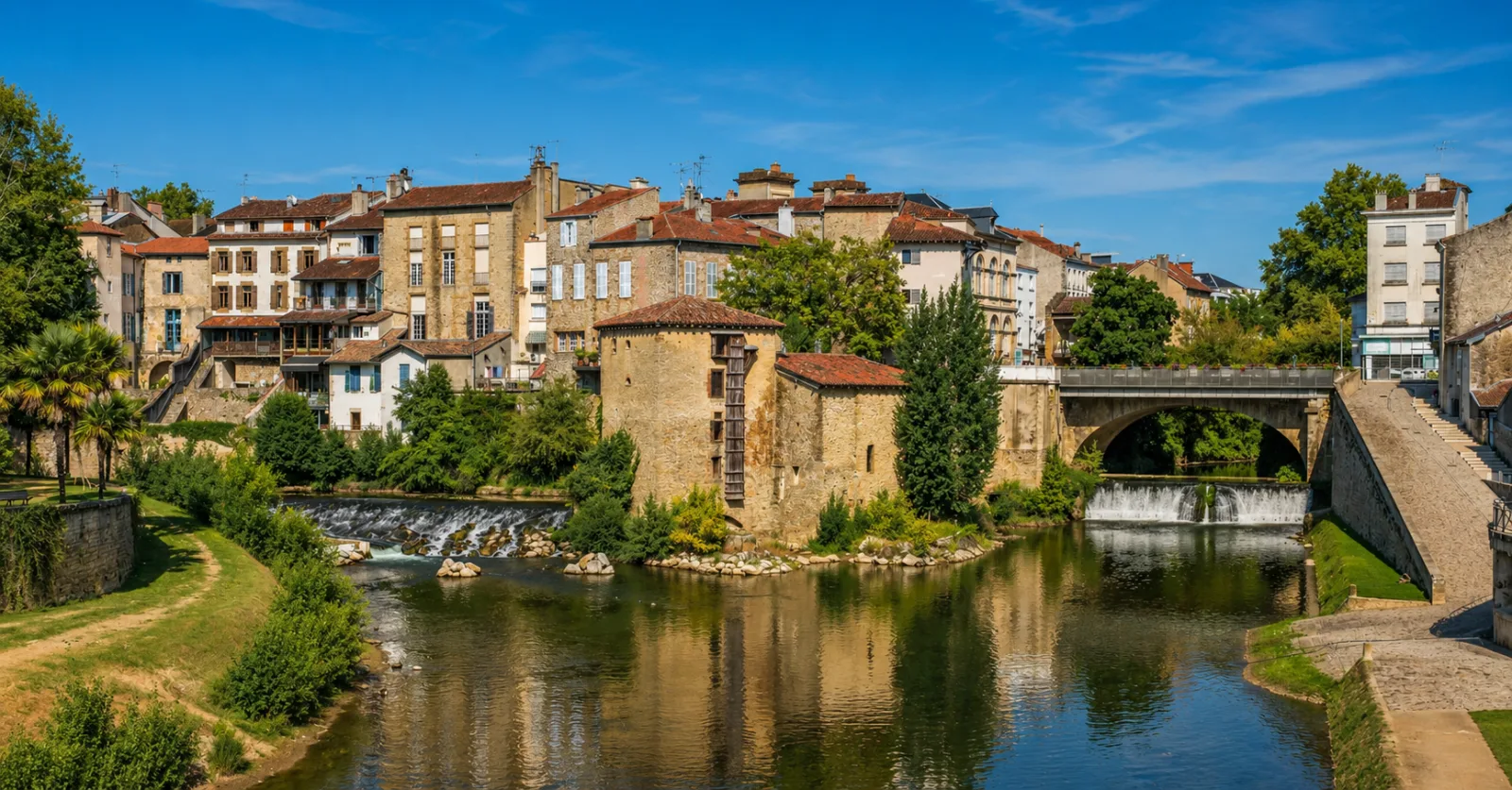 Mont-de-Marsan au confluent de la Douze et du Midou — donjon médiéval et maisons anciennes au ras de l'eau, seuils et chutes en contrebas