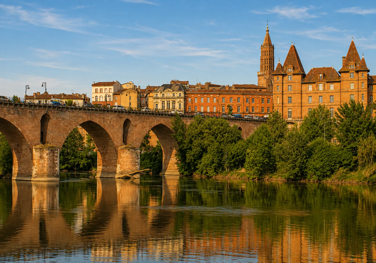 Le Pont-Vieux de Montauban et ses arches de brique sur le Tarn — la ville de brique alignée sur sa berge, au-dessus de piles fichées dans le lit