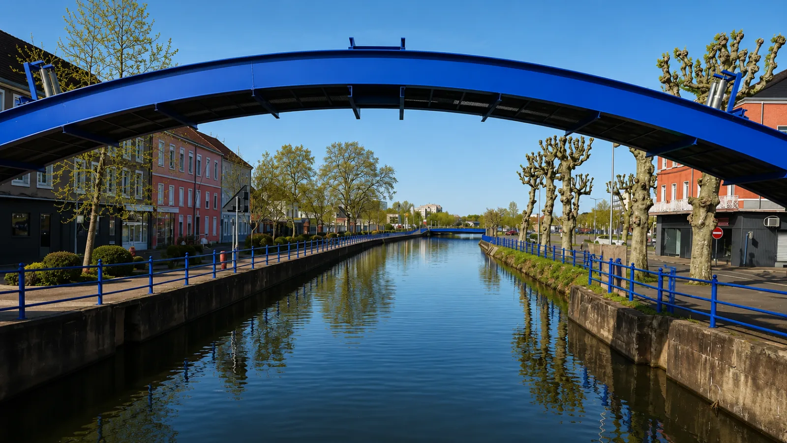 Une passerelle en arc au-dessus du canal du Centre à Montceau-les-Mines — quais maçonnés et platanes taillés au cœur de l'ancienne ville minière