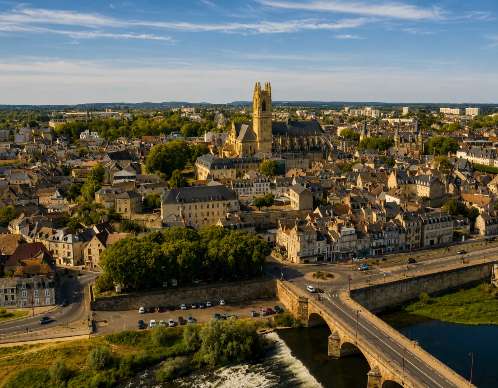 Nevers étagée au-dessus de la Loire — la tour de la cathédrale et le palais ducal dominant les toits, le pont de pierre franchissant le fleuve