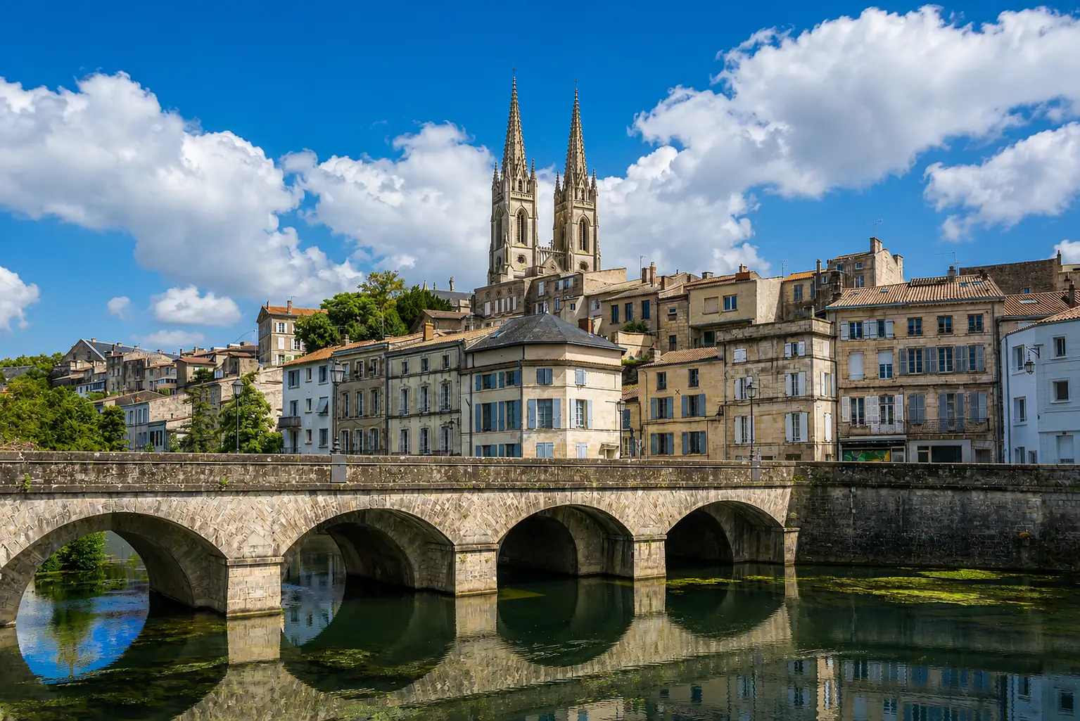 Les flèches de Saint-André dominant les quais de la Sèvre Niortaise et son pont de pierre — Niort au bord de sa rivière, à l'entrée du Marais poitevin