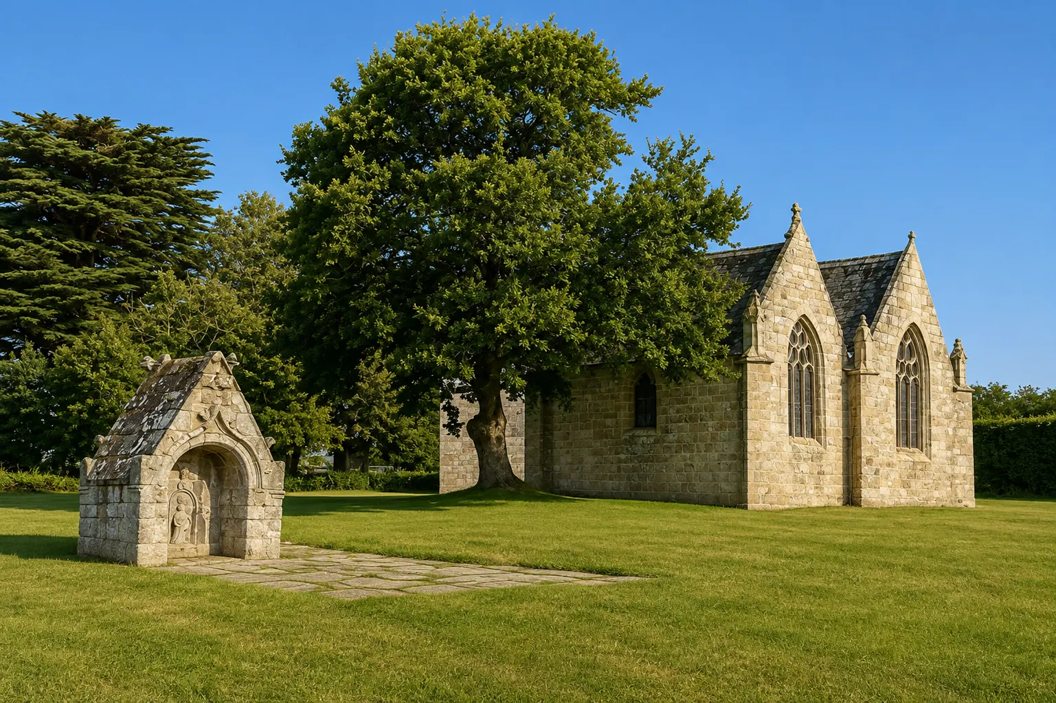 Chapelle de granit et fontaine votive sur leur placître à Ploemel — maçonneries de granit sur la lande morbihannaise