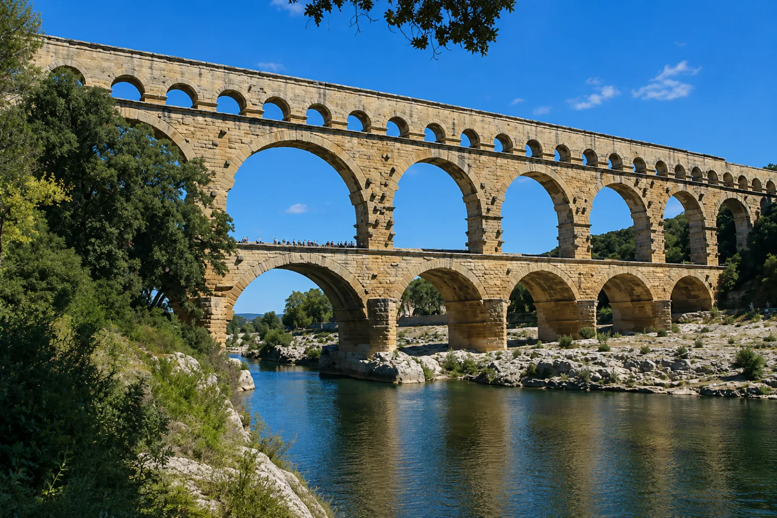 Le pont du Gard enjambant le Gardon — deux mille ans d'aqueduc romain fondé sur le calcaire des gorges : la tenue d'un ouvrage commence par son sol