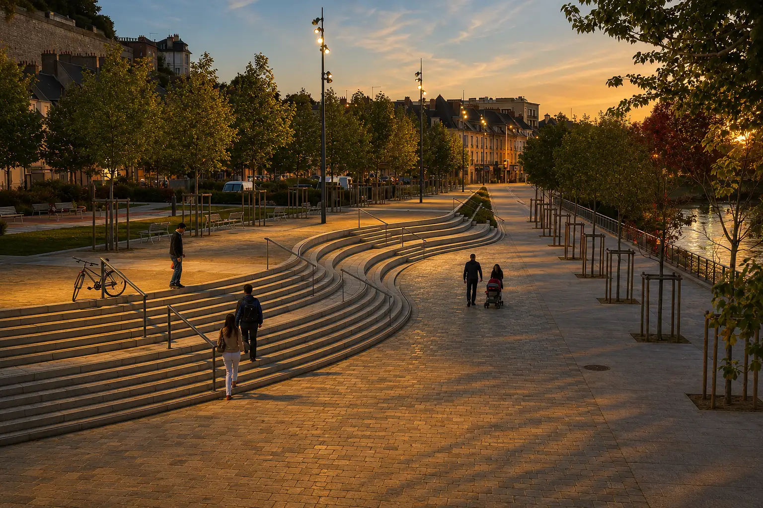 Les quais de l'Oise à Pontoise au couchant — la ville ancienne étagée sur son coteau au-dessus de la rivière, aux portes du Vexin