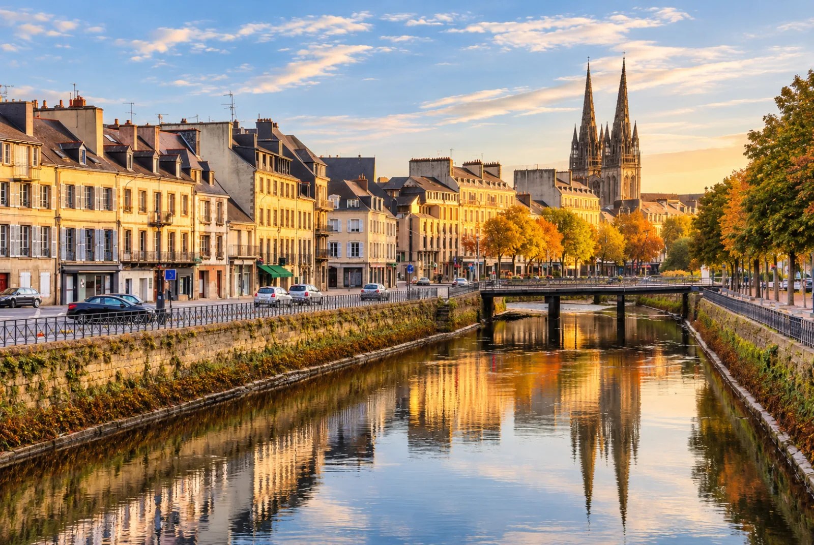 Les quais de l'Odet et les flèches de Saint-Corentin — Quimper resserrée dans sa vallée, sur un fond alluvial contenu par des quais maçonnés