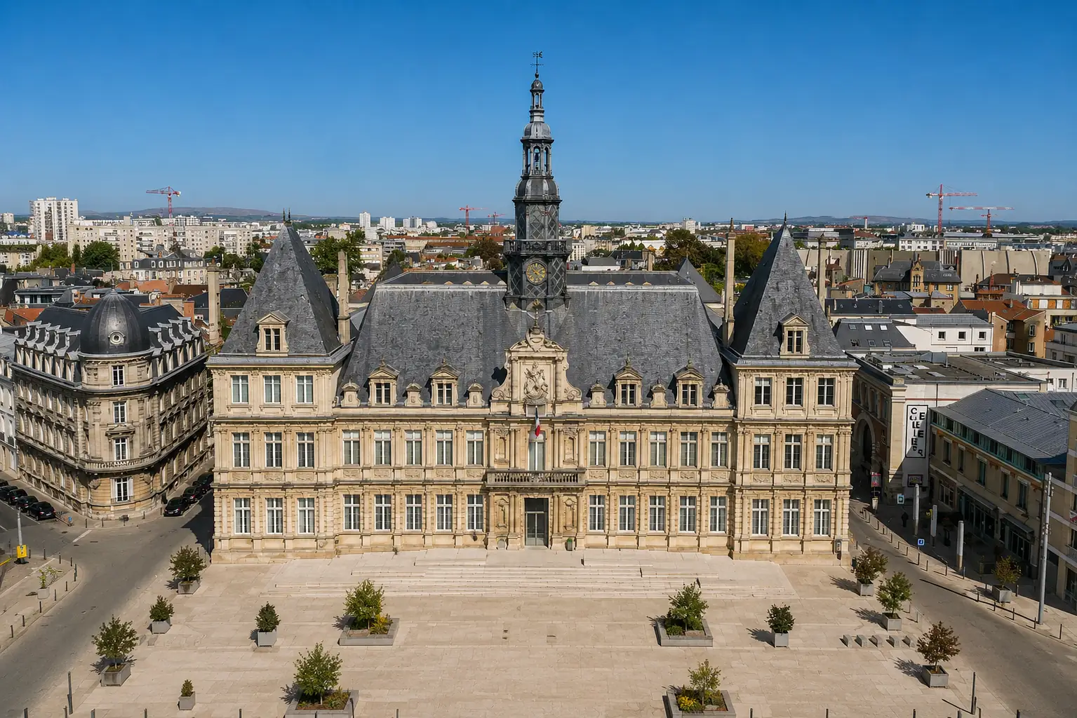 L'hôtel de ville de Reims et sa place réaménagée — le cœur d'une ville bâtie sur la craie de Champagne et creusée de crayères