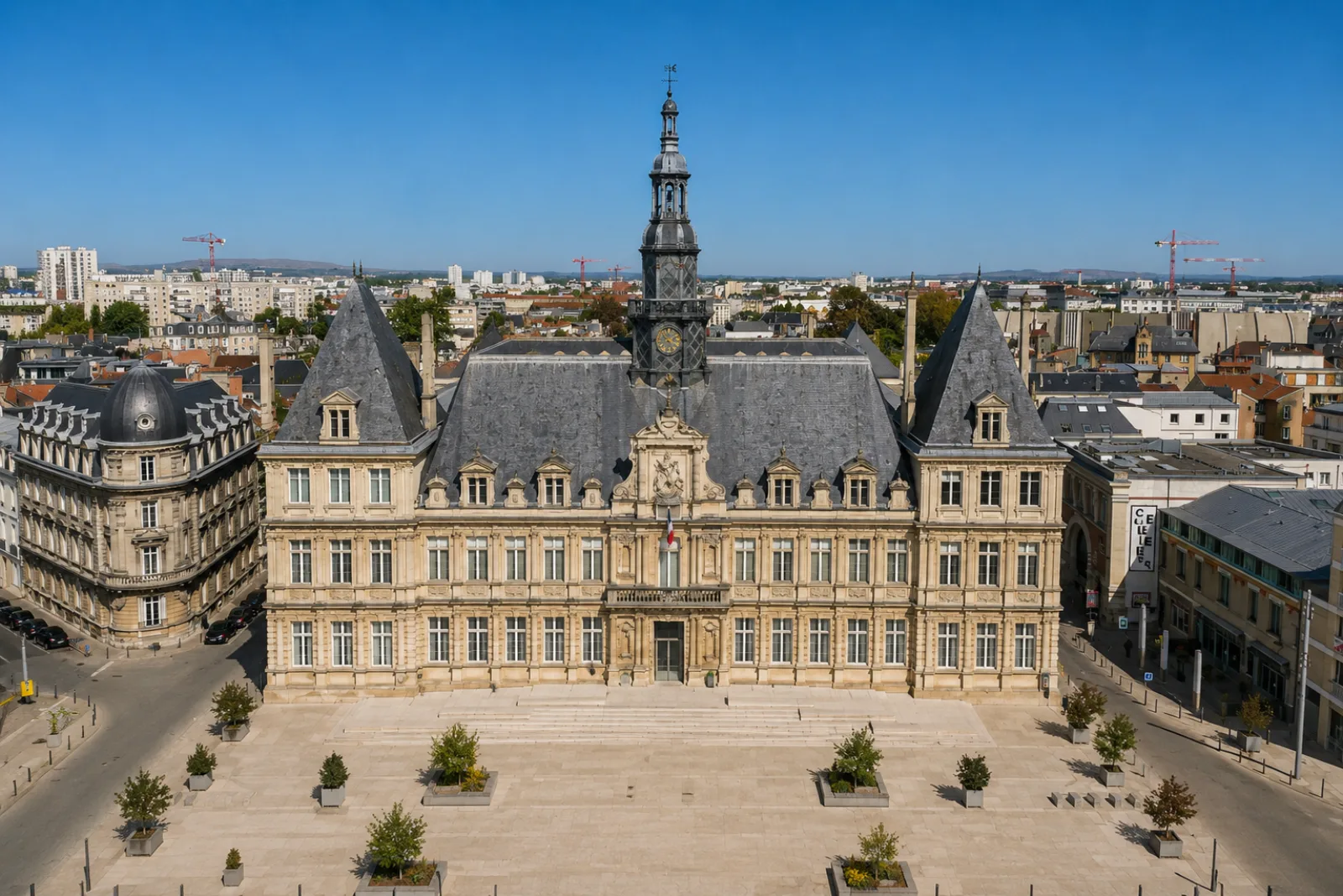 L'hôtel de ville de Reims et sa place réaménagée — le cœur d'une ville bâtie sur la craie de Champagne et creusée de crayères