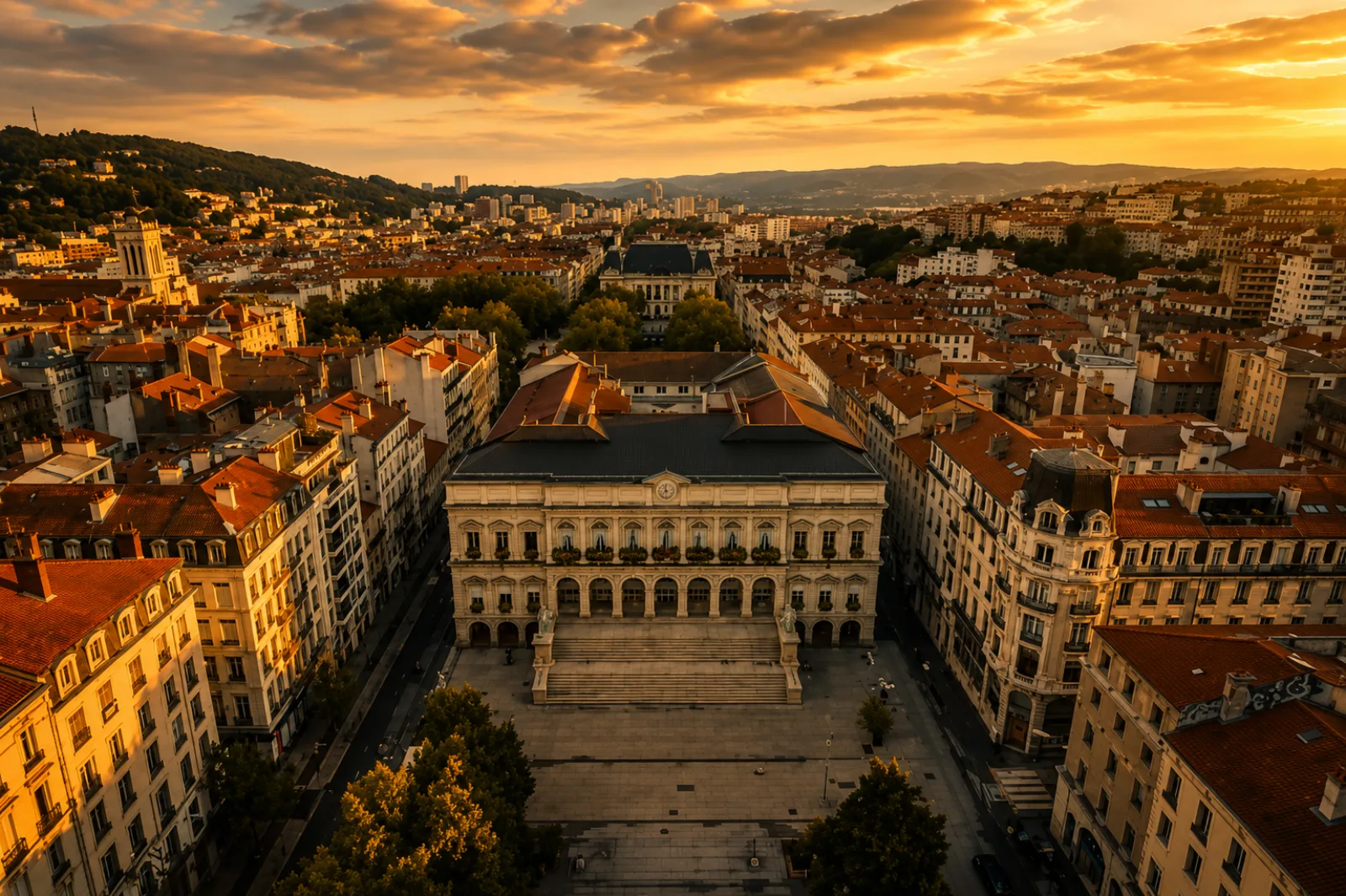 L'hôtel de ville de Saint-Étienne sur sa grande place, les collines du bassin à l'horizon — une ville bâtie sur l'ancien bassin houiller, où le sous-sol se vérifie avant de construire