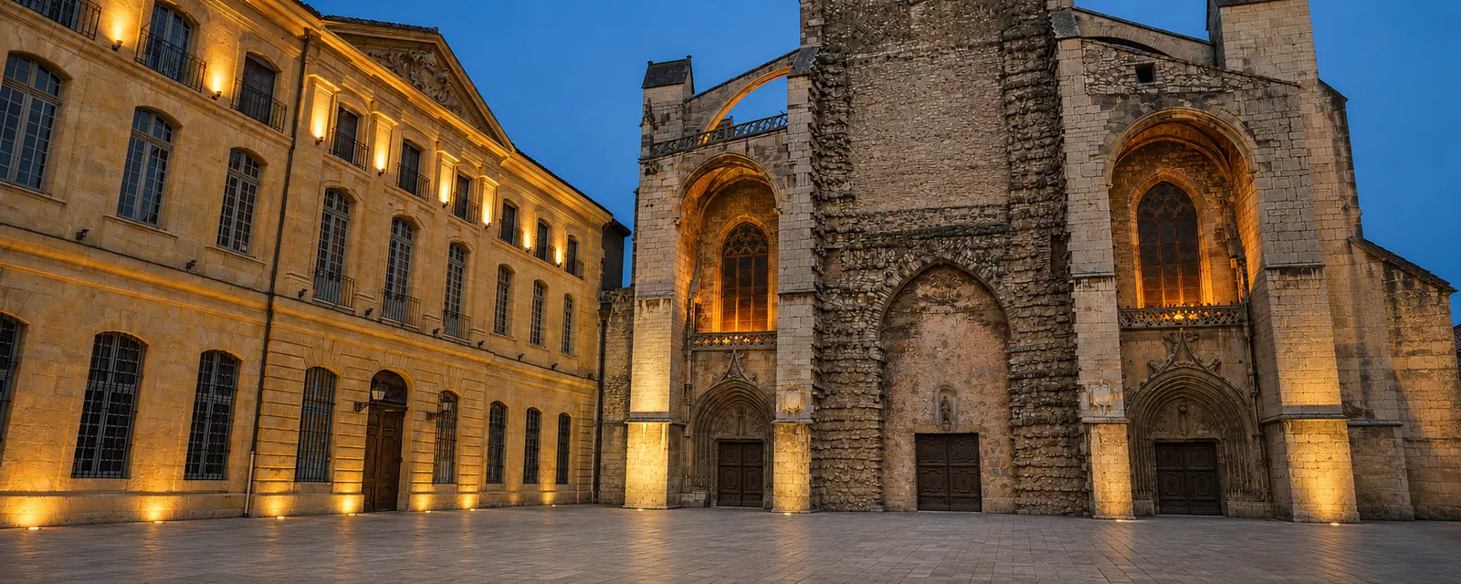 La basilique Sainte-Marie-Madeleine de Saint-Maximin-la-Sainte-Baume au crépuscule — façade inachevée mêlant pierre de taille et blocage, le couvent royal attenant