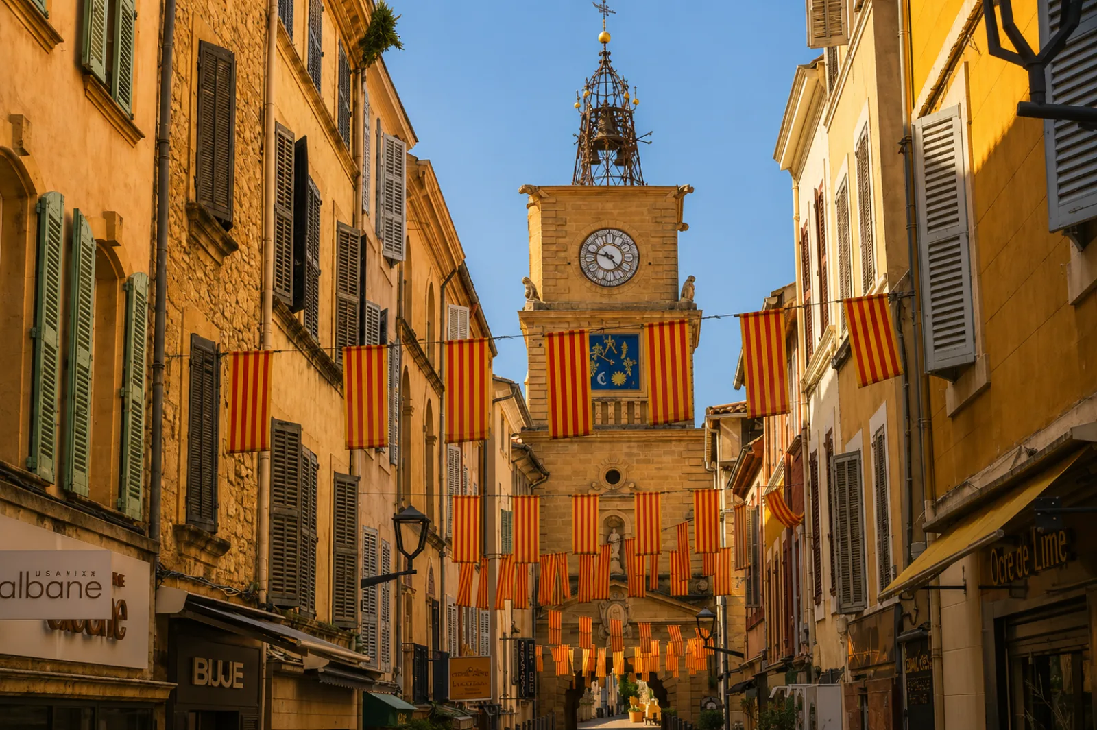 La porte de l'Horloge à Salon-de-Provence — le beffroi et son campanile de fer forgé au bout d'une rue de la vieille ville