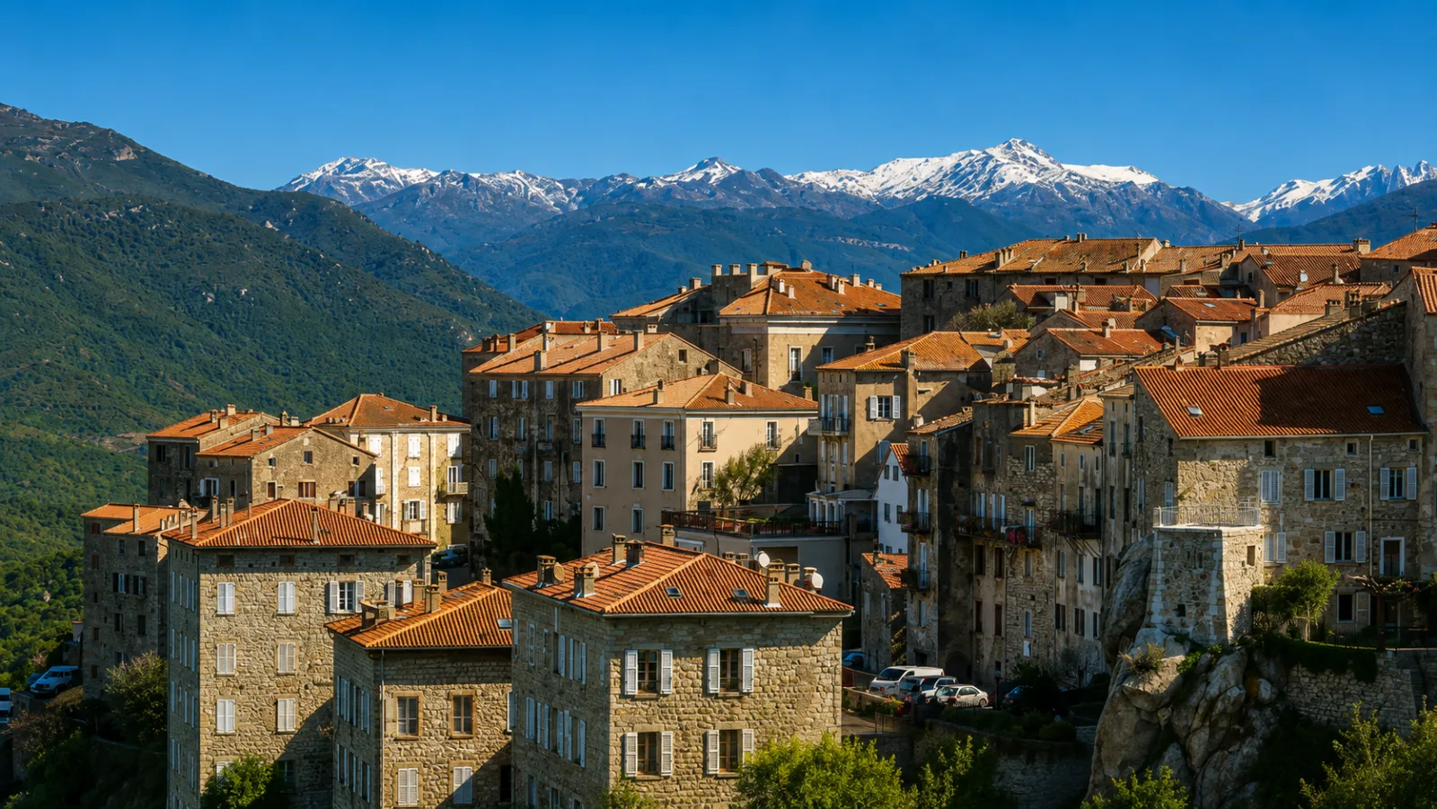 Les hautes maisons de granit de Sartène serrées sur leur éperon rocheux, les crêtes enneigées de l'intérieur en toile de fond