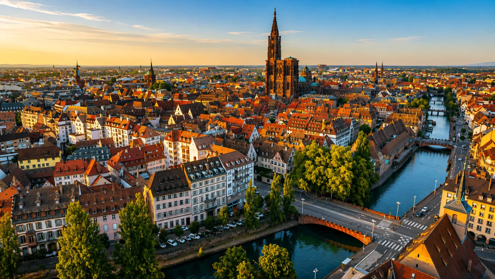 Strasbourg au couchant — la cathédrale dominant les toits et l'Ill, une ville bâtie dans la plaine alluviale du fossé rhénan