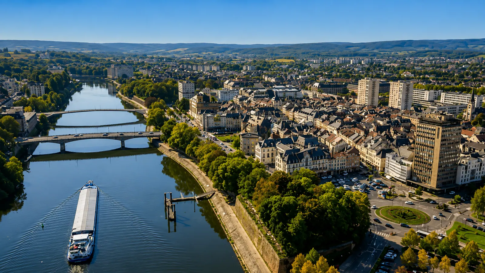 Thionville vue du ciel — la Moselle canalisée, ses quais maçonnés et ses ponts, la vieille ville sur la rive : un bâti assis dans les alluvions