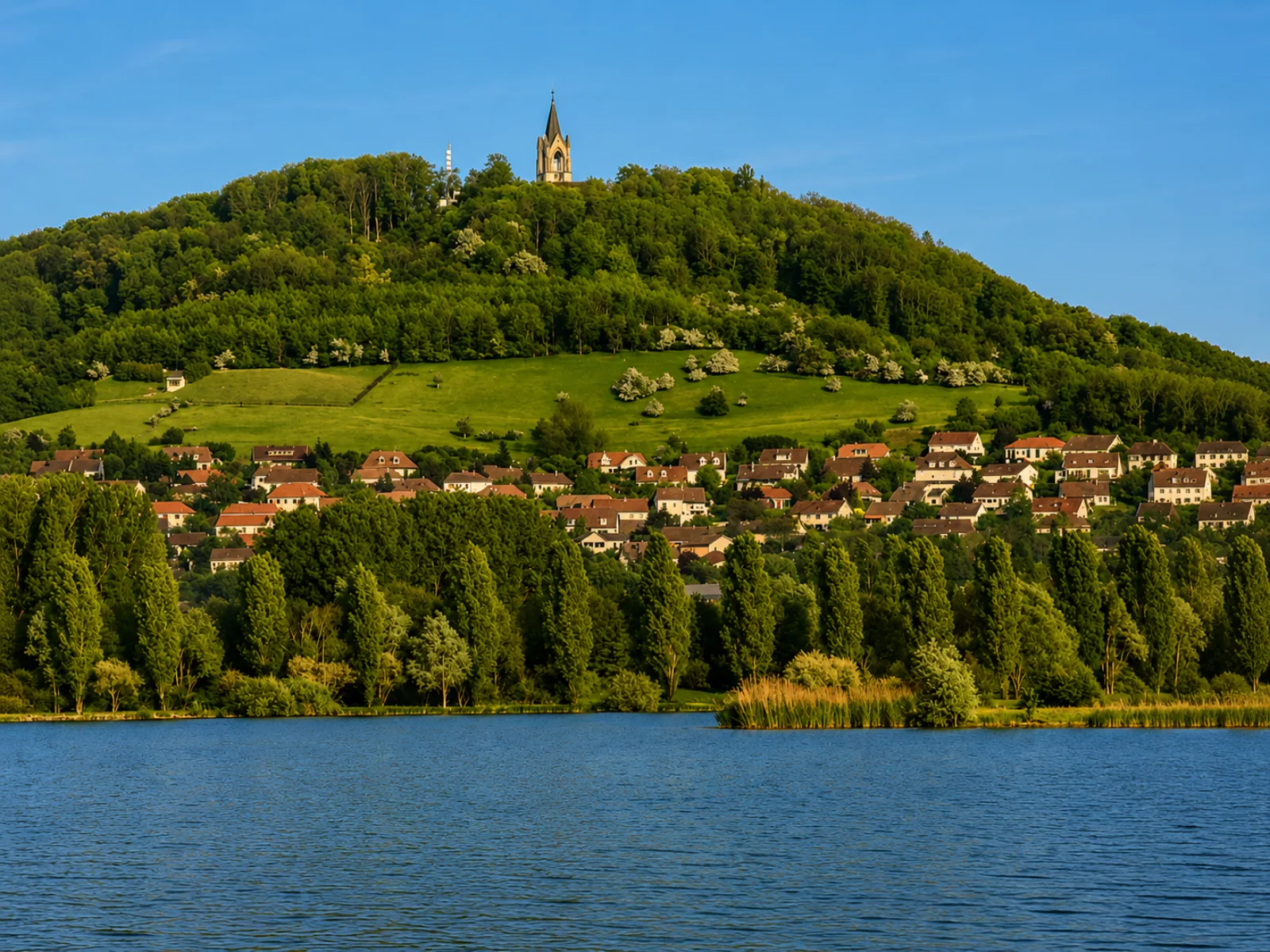 La colline de la Motte et sa chapelle dominant Vesoul et son lac — une butte témoin boisée au-dessus des versants pavillonnaires