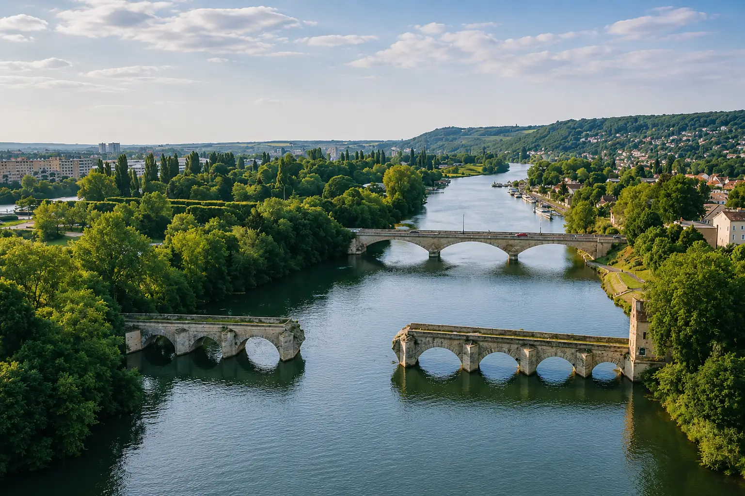 Le vieux pont de Limay, rompu au milieu du bras de Seine depuis 1940, et le pont routier en amont — des piles médiévales toujours plantées dans le lit du fleuve, au pied des coteaux de la boucle de Mantes