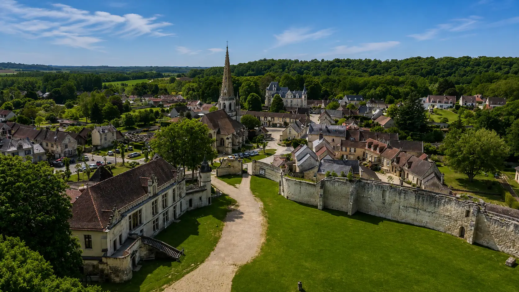 Un village de l'Aisne aux murs de pierre calcaire — clocher effilé, château et maisons serrées entre plateaux limoneux et vallons boisés