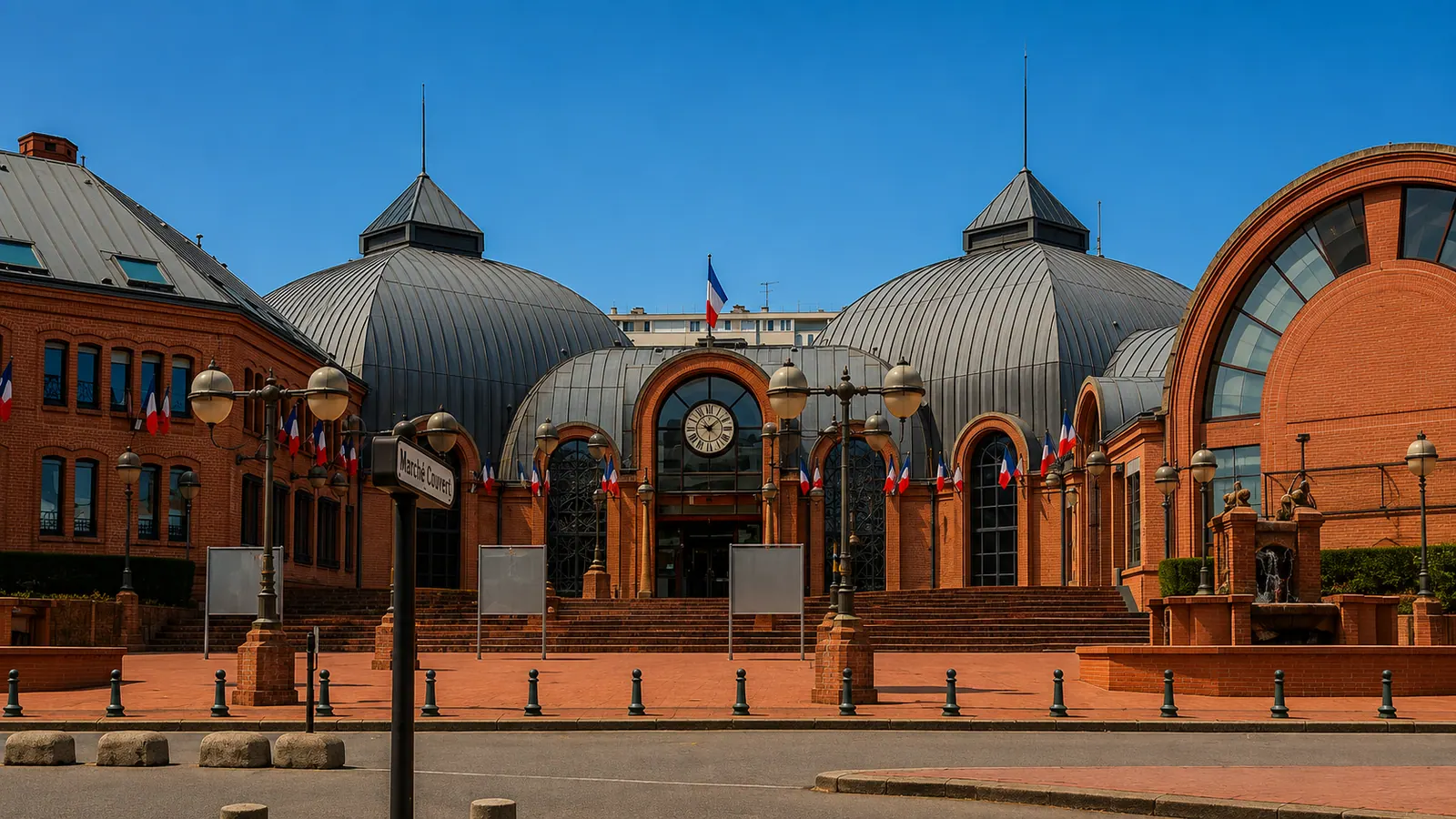 Le marché couvert de Vitry-sur-Seine — halles de brique et coupoles de zinc sur leur parvis, dans la vallée de la Seine